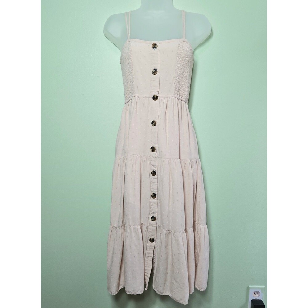 AEO XS Beige tan Smocked Button Front Tiered Midi Dress Cottagecore Minimalist